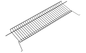 Metal wire shelf with raised edges and hooks, designed for storage or organization. Rectangular and open-grid structure.