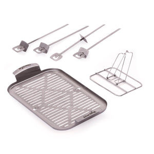 Silver Char-Broil grill accessories: skewers, grilling basket, and griddle.