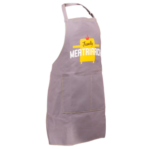 Gray apron with "Family MEATRIARCH" design and yellow grill graphic.