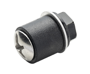 Metal security lock nut with black cylindrical body and silver cross-slotted head, hex base for tightening.