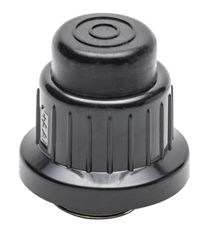 Black plastic rotary knob with textured grip and circular top, used for adjusting settings on electronic devices.