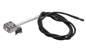 Metal temperature sensor with braided black cable and mounting bracket, suitable for industrial or HVAC applications.