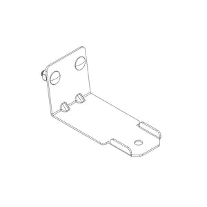 Metal mounting bracket with two screw holes and angled design for secure wall or surface attachment.