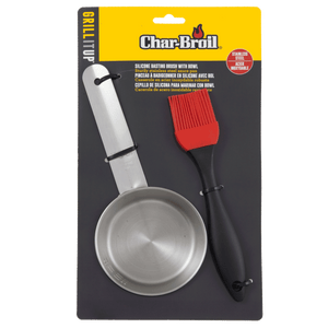 Red silicone basting brush with stainless steel bowl by Char-Broil.
