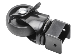 Black swivel caster wheel with brake lever and mounting bracket. Durable, smooth rolling for furniture or carts.