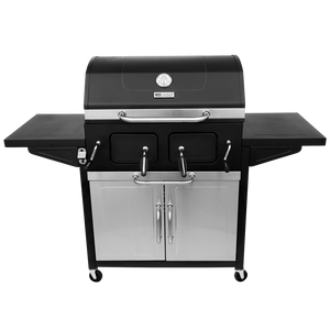 Black and stainless steel American Gourmet gas grill with side shelves and storage.