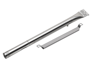 Stainless steel grill burner tube with mounting bracket, features vent holes for even gas flow. Durable and corrosion-resi...