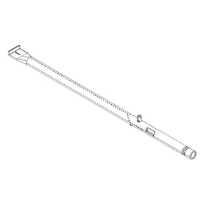 Metal telescopic tube with perforated sides, rectangular end, and adjustable clamp; used for structural support.