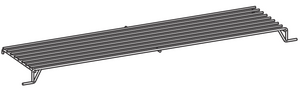 Metal bench with slatted seat and angled legs, minimalist design, suitable for outdoor or indoor use.