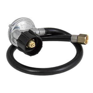 Silver gas regulator with black hose and brass fitting.
