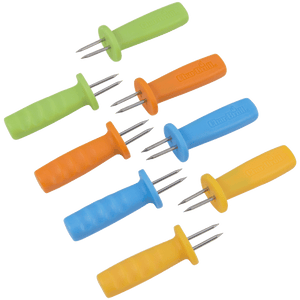 Set of colorful Char-Broil skewers with green, orange, blue, and yellow handles.