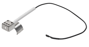 Metal flame sensor with a white ceramic rod and black wire, used for gas appliance safety and flame detection.