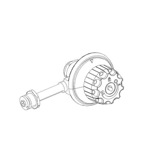 Line drawing of a mechanical gear assembly with a bolt and circular cog, shown in detailed outline.