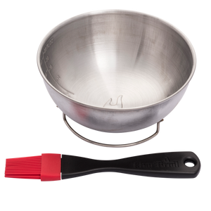 Silver mixing bowl with red silicone brush by Char-Broil.