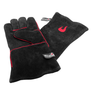 Black Char-Broil barbecue gloves with red stitching and logo.