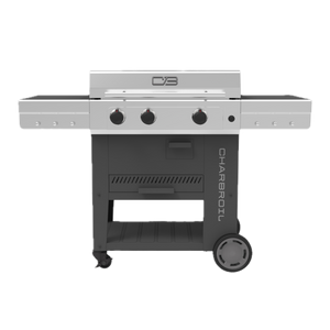 Silver Char-Broil gas grill with four burners and side shelves.
