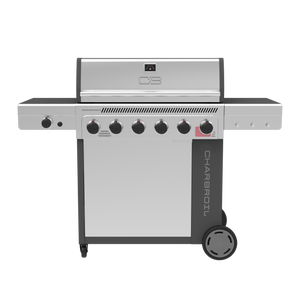 Silver Char-Broil Performance Series gas grill with five burners and side burner.