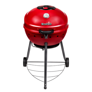 Red Char-Broil portable charcoal grill with black stand and wheels.