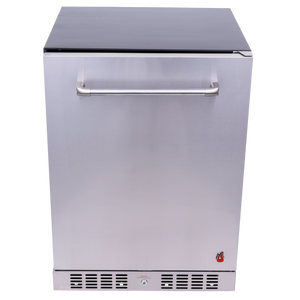 Silver stainless steel under-counter refrigerator with handle and vented base.