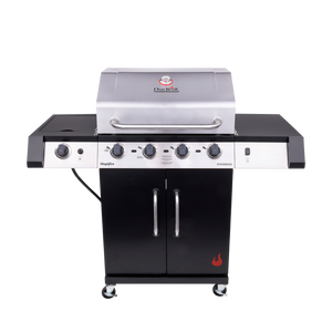 Stainless steel Char-Broil Amplifire Performance 5-burner gas grill with black side shelves and storage.