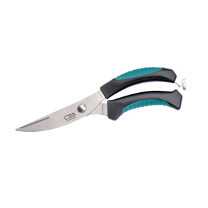 Blue and black Char-Broil folding knife with serrated blade.