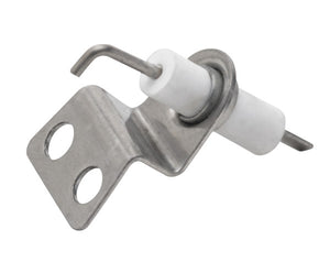 Metal and ceramic furnace igniter with two mounting holes and angled electrode tip.
