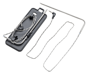 Stainless steel temperature probe with braided cable and black storage tray, used for grilling or cooking.