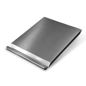 Stainless steel money clip with brushed finish, rectangular shape and curved edge for secure bill holding.