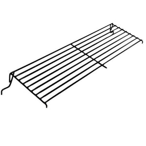 Black metal cooling rack with raised legs and parallel bars, ideal for cooling baked goods.