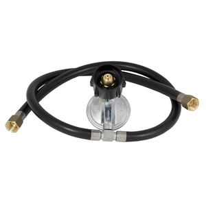 Black hose with brass fittings and pressure regulator.