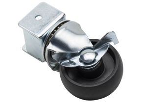 Swivel caster wheel with black rubber tire and metal mounting bracket, featuring a locking mechanism.