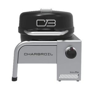 Char-Broil Bistro Pro tabletop grill with black lid, silver body, and control knob. Compact and portable design.