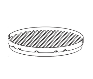 Round grill grate with diagonal slats and raised edge, designed for even heat distribution and easy cleaning.