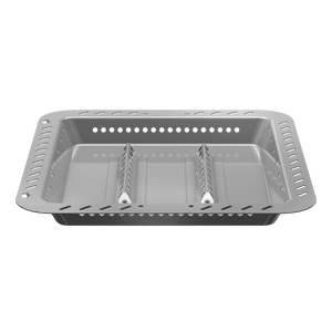 Silver rectangular grill basket with perforated sides and dividers.