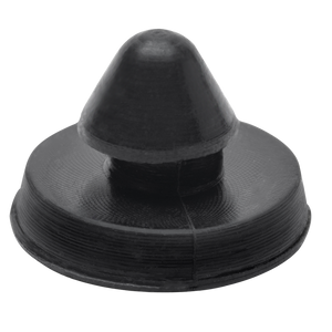 Black rubber grommet with a conical top and flat circular base, used for sealing or protecting holes in surfaces.