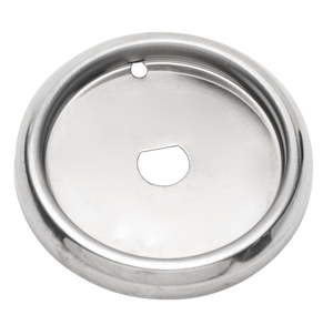Round stainless steel escutcheon plate with two holes, smooth finish, used for covering pipe or fixture openings.