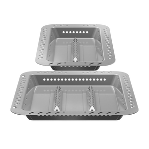 Silver rectangular grill pan with perforated sides and divider.