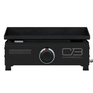 Black Char-Broil electric flat-top griddle with control knob.