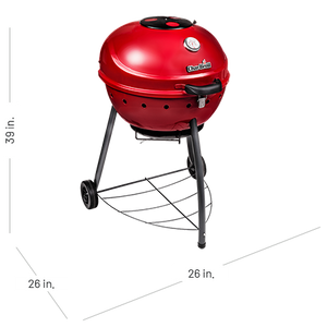 Red Char-Broil kettle charcoal grill, 39 inches tall and 26 inches wide, with wheels and a bottom storage rack.