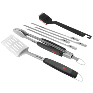 Char-Broil BBQ tool set: spatula, brush, tongs, fork, and knife.