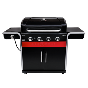Black Char-Broil Gas2Coal grill with charcoal mode and storage cabinet.
