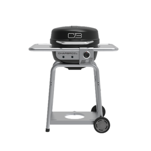 Char-Broil gas grill with side shelves, control knob, and wheels for easy mobility. Black and silver finish.