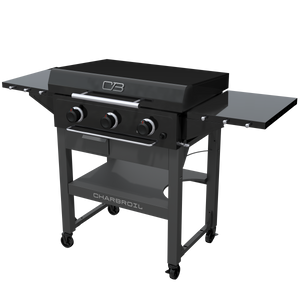 Black Char-Broil gas grill with three burners and side shelves.