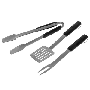 "Set of black-handled stainless steel barbecue tools: tongs, spatula, and fork."