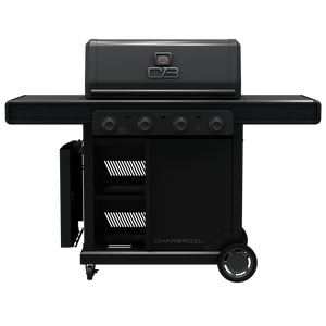 Black Char-Broil gas grill with four control knobs, side shelves, and wheels for easy outdoor mobility.