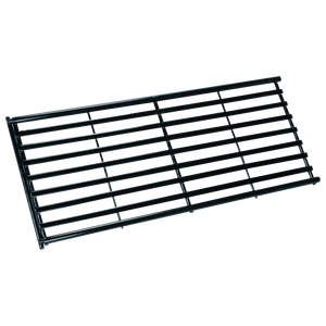 Black metal grate with slats and frame.