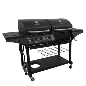 Black Char-Broil gas grill with side burner and storage shelf.