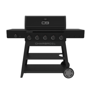 Black Char-Broil Performance Series gas grill with four burners and wheels.