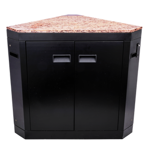 Black cabinet with two doors and a granite countertop.
