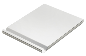 Flat, rectangular metal panel with a raised edge; smooth, silver finish. Likely used for roofing or siding.